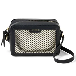 Accessorize London women's Faux Leather Black & White Woven Mono Camera Sling bag