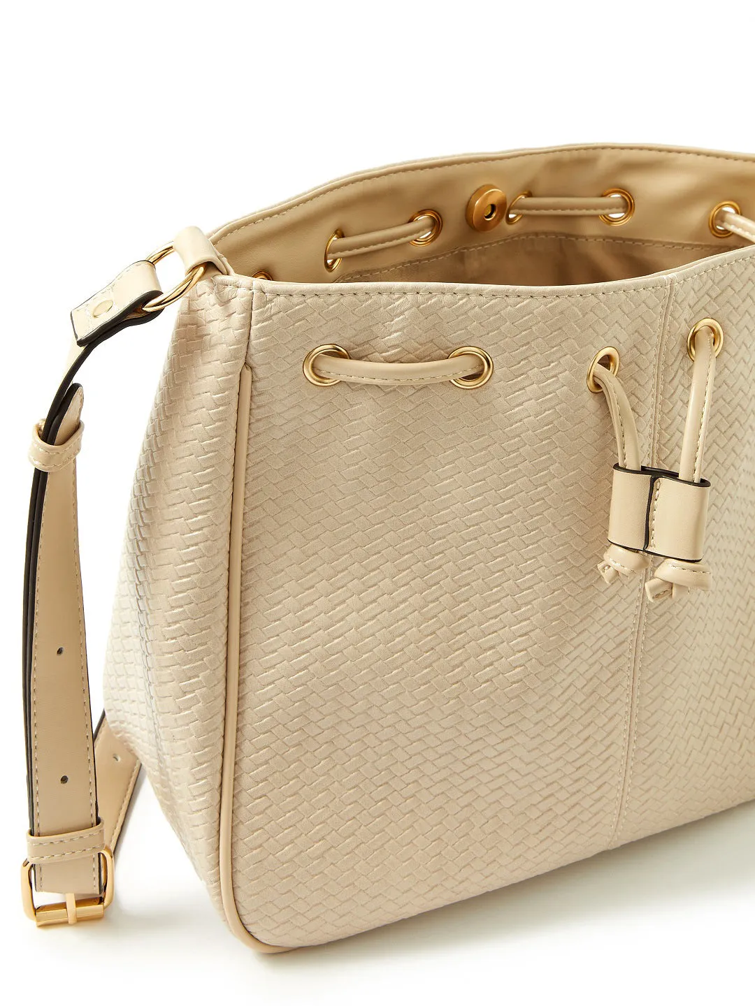 Accessorize London women's Faux Leather Cream Drawstring Weave Sling bag