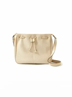 Accessorize London women's Faux Leather Cream Drawstring Weave Sling bag