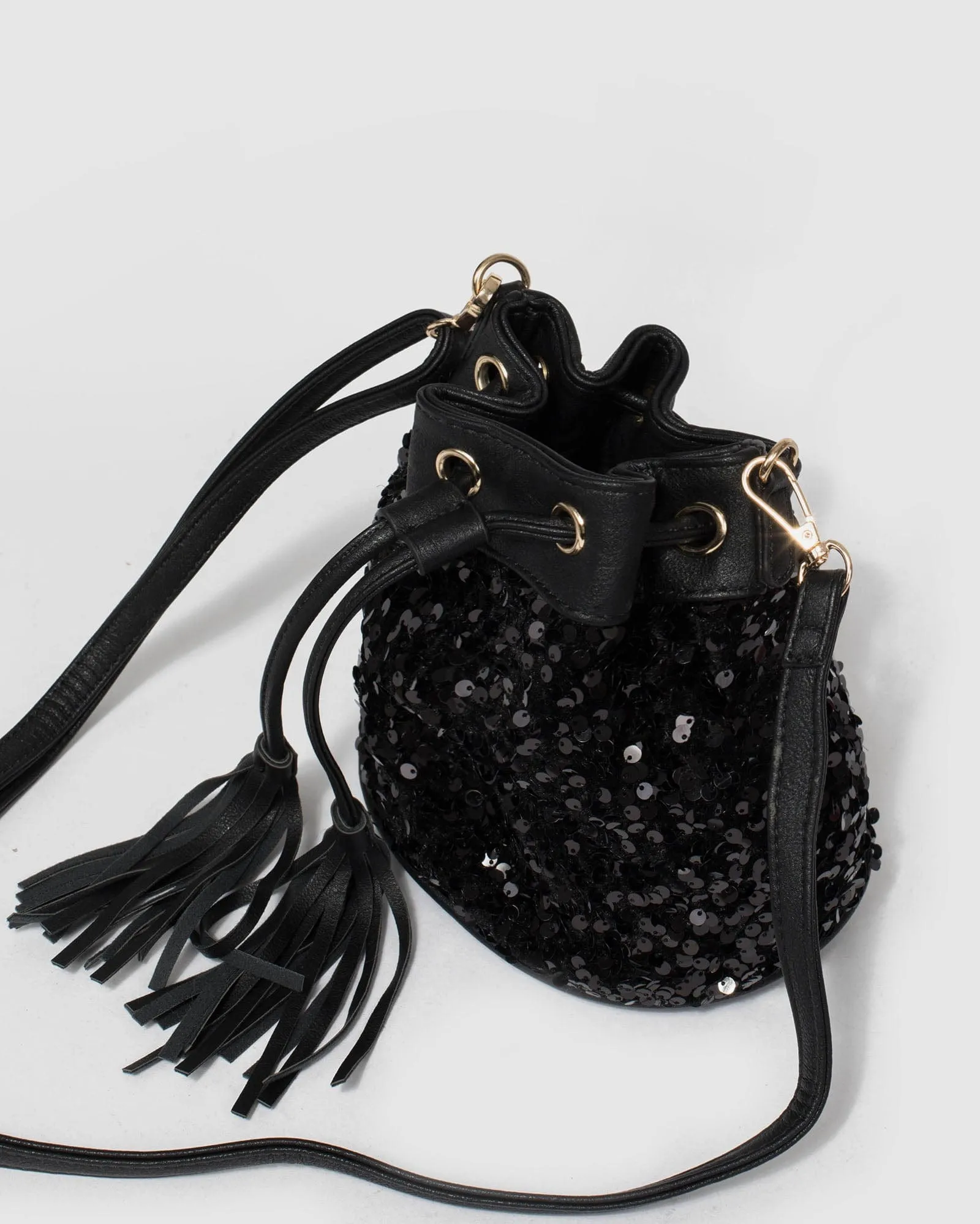 Black Anna Sequin Bucket Bag