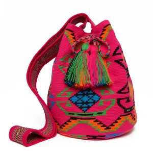 Fuschia and Black Diamond Cotton Cartagena Mochila Tassel Bag