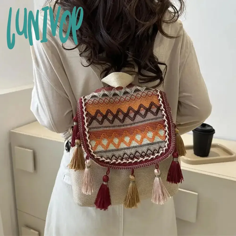 Lunivop Aesthetic Design Womens Backpack Fashion Tassels Small Canvas Bag 2024 Fashion Trend Light Weight Versatile Backpack