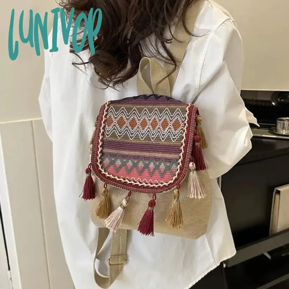 Lunivop Aesthetic Design Womens Backpack Fashion Tassels Small Canvas Bag 2024 Fashion Trend Light Weight Versatile Backpack