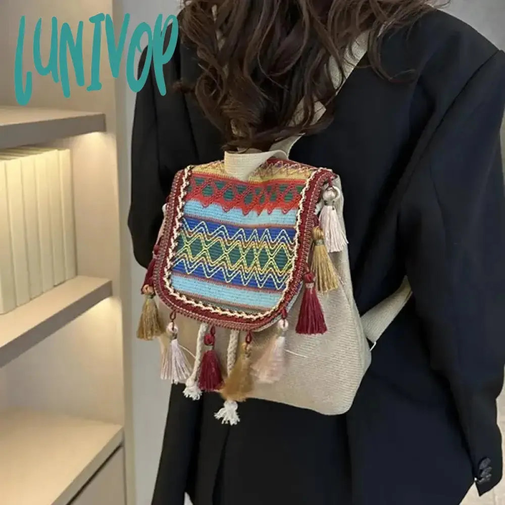 Lunivop Aesthetic Design Womens Backpack Fashion Tassels Small Canvas Bag 2024 Fashion Trend Light Weight Versatile Backpack