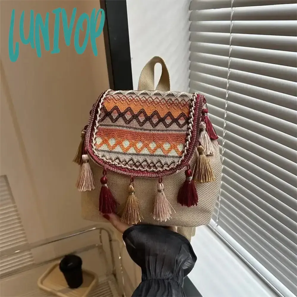 Lunivop Aesthetic Design Womens Backpack Fashion Tassels Small Canvas Bag 2024 Fashion Trend Light Weight Versatile Backpack