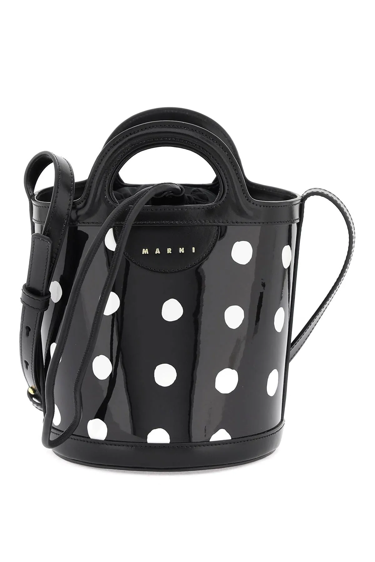 Marni patent leather tropicalia bucket bag with polka-dot pattern