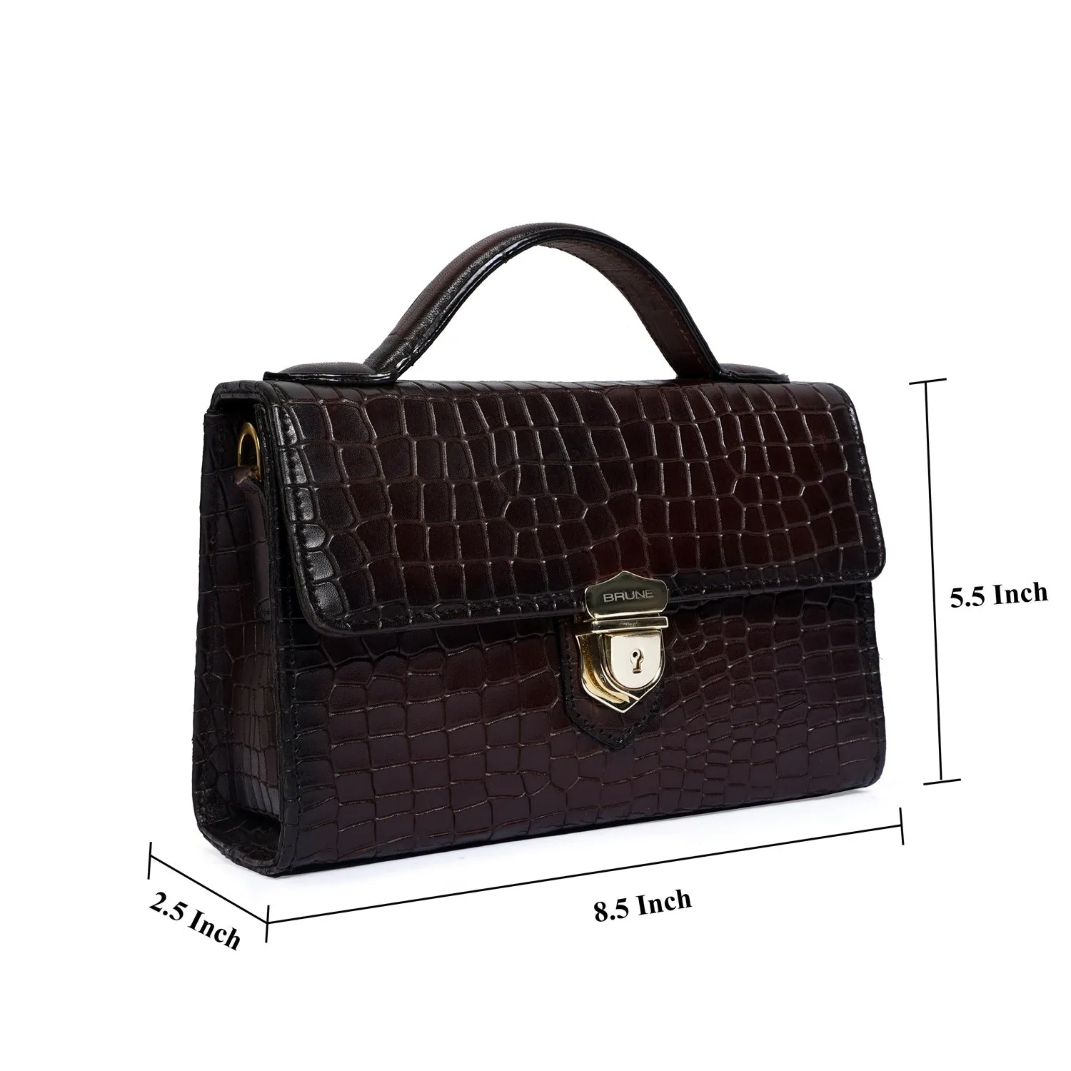 Small Square Ladies Hand-Bag with Secured Stylish Lock in Dark Brown Leather