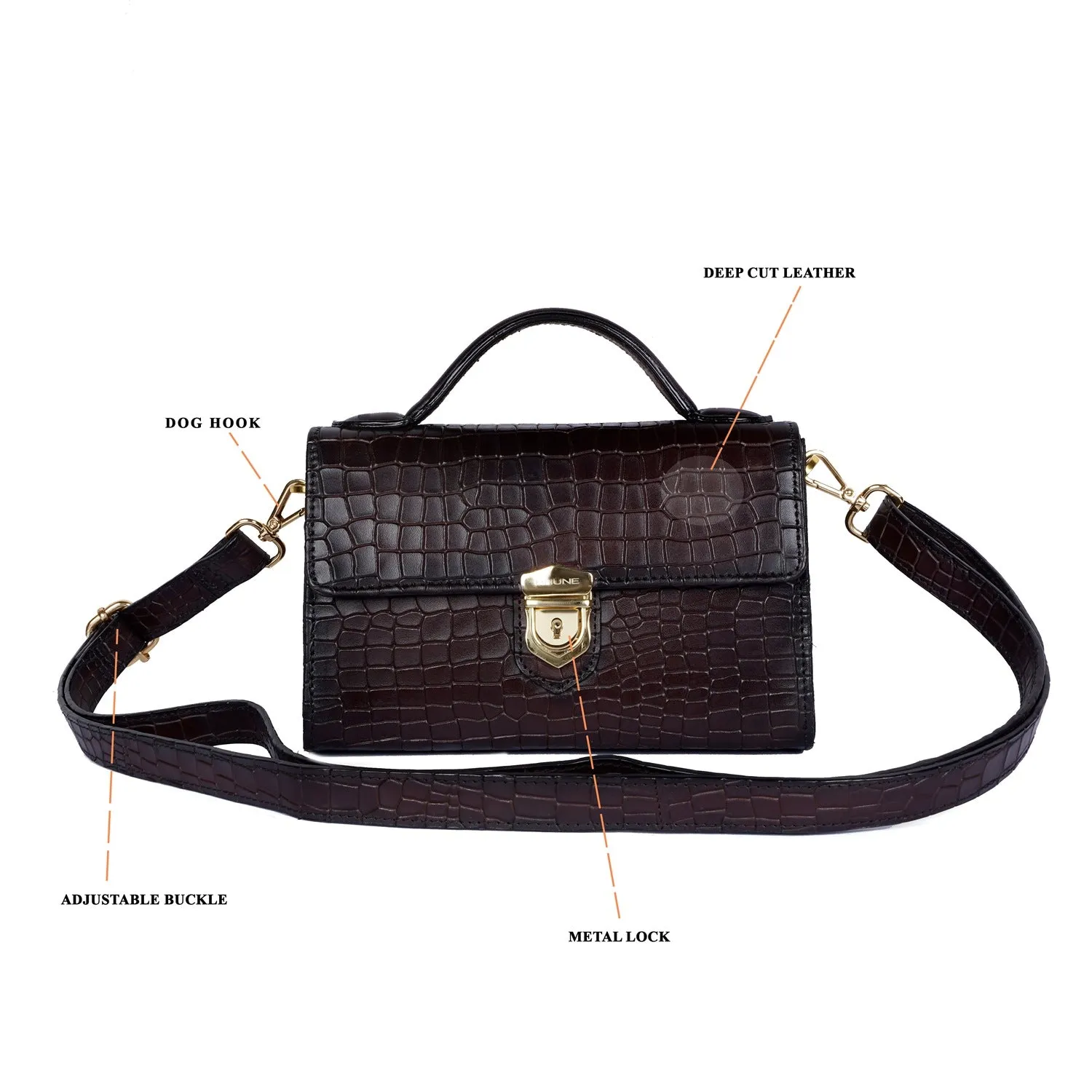 Small Square Ladies Hand-Bag with Secured Stylish Lock in Dark Brown Leather