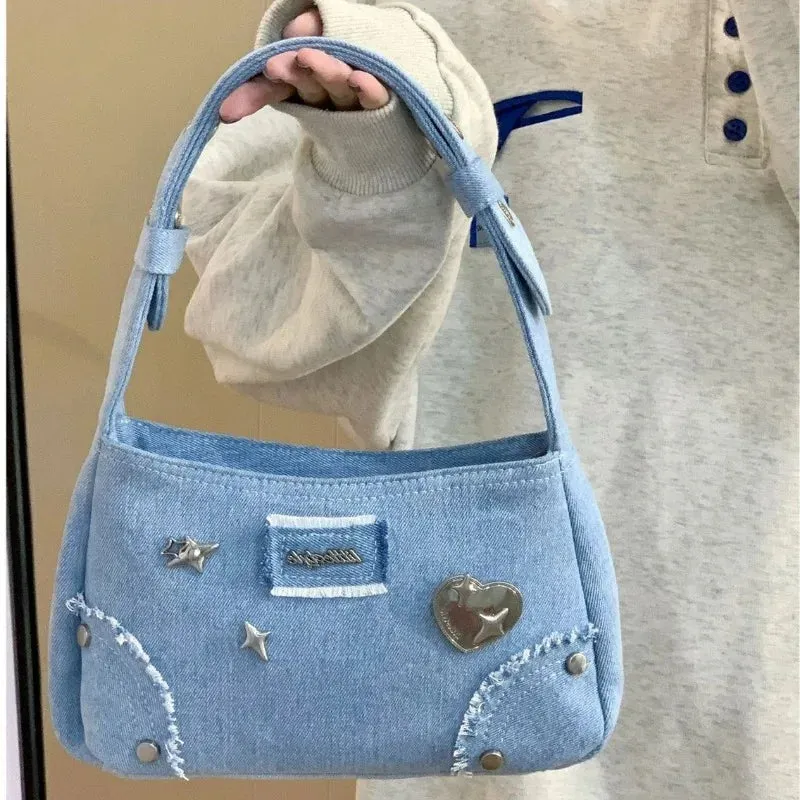 Sohiwoo Fashion Y2K Bags 2024 New Chic Design Denim Blue Shoulder Bags for Women Harajuku Trendy Rivet Underarm Bag Bolso сумка