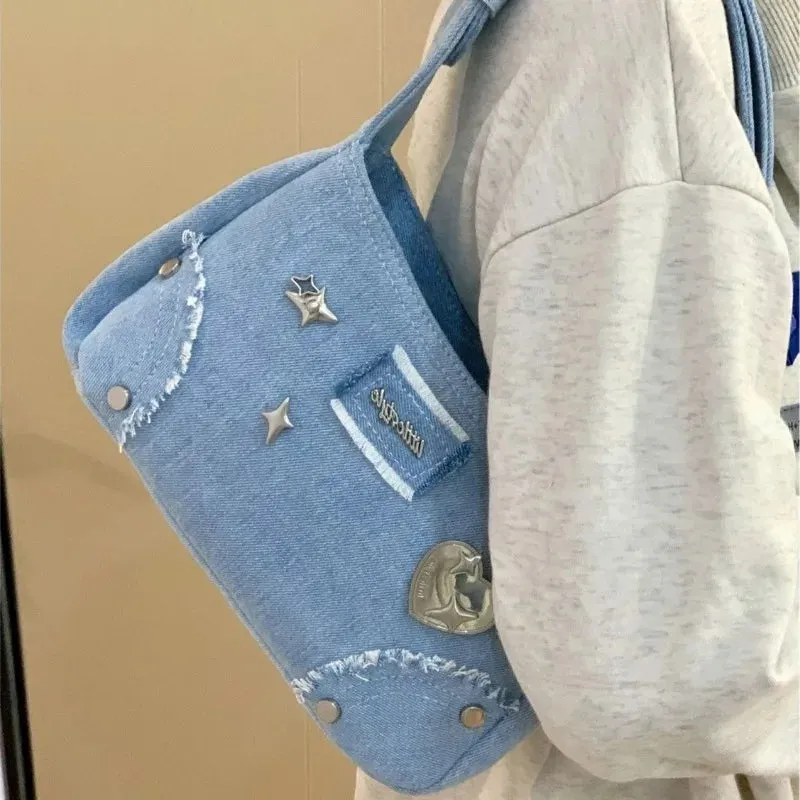 Sohiwoo Fashion Y2K Bags 2024 New Chic Design Denim Blue Shoulder Bags for Women Harajuku Trendy Rivet Underarm Bag Bolso сумка