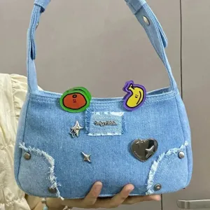 Sohiwoo Fashion Y2K Bags 2024 New Chic Design Denim Blue Shoulder Bags for Women Harajuku Trendy Rivet Underarm Bag Bolso сумка