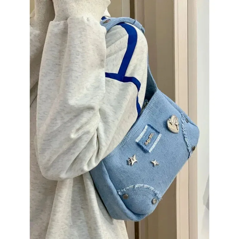 Sohiwoo Fashion Y2K Bags 2024 New Chic Design Denim Blue Shoulder Bags for Women Harajuku Trendy Rivet Underarm Bag Bolso сумка