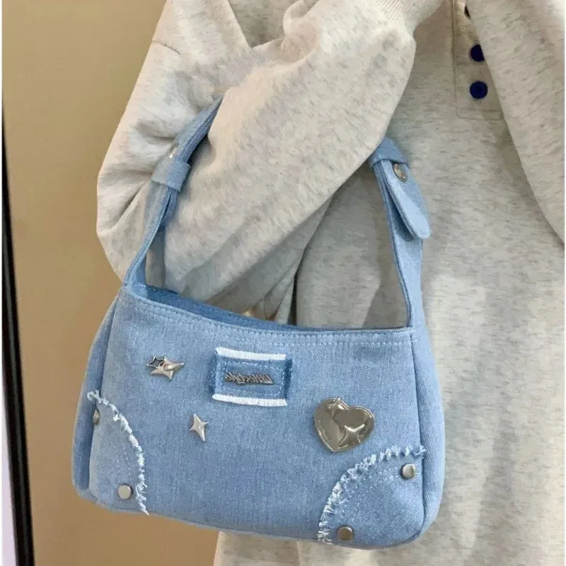 Sohiwoo Fashion Y2K Bags 2024 New Chic Design Denim Blue Shoulder Bags for Women Harajuku Trendy Rivet Underarm Bag Bolso сумка