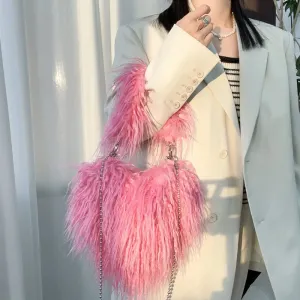 Sohiwoo New Trendy Ladies Winter Luxury Faux Fur Heart Purse Fluffy Underarm Shoulder Bag Women Hot Pink Soft Plush Heart Crossbody Bag