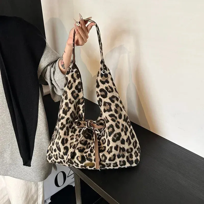 Sohiwoo Personalized Versatile Leopard Pattern Single Women's Shoulder Bag 2024 Winter New Simple Lazy Bag Large Capacity Commuter Bag