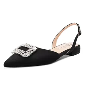 TNYNFBEB Women Chunky Block Low Heel Pointed Toe Flats Shoes Slingback Buckle Rhinestone Crystal Party Cute 0.6 Inches Heels Black