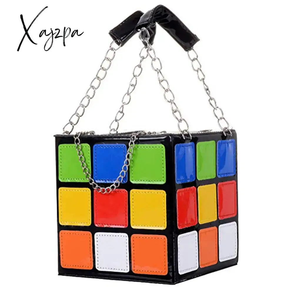 Xajzpa - Chic Cubic Shape Box Women Handbags Designer Chains Totes Luxury Pu Leather Messenger Bag Ladies Personality Small Purses