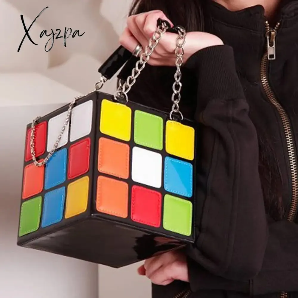 Xajzpa - Chic Cubic Shape Box Women Handbags Designer Chains Totes Luxury Pu Leather Messenger Bag Ladies Personality Small Purses